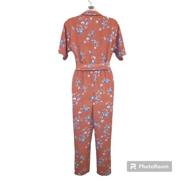 June & Hudson Orange Floral Print Collared Jumpsuit Size Small - Picture 2 of 6